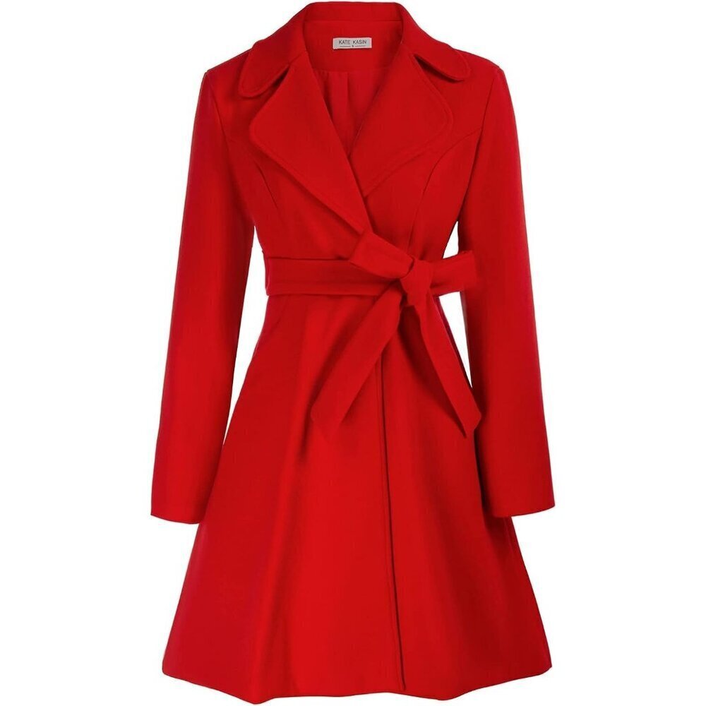 Women Red  Peacoat Dress Belted Notch Lapel Overcoat Winter Trench Coat